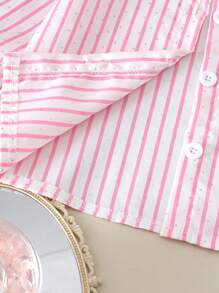 Set de 3 piezas de ropa para niñas pequeñas, con blusa perlada elegante, chaleco bordado con lazo y pantalones de mezclilla, para primavera/otoño - Púrpura malva - Ver 3