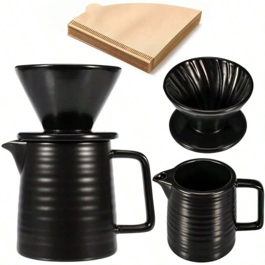 Pour Over Coffee Maker 17oz Pour Over Coffee Dripper Ceramic Retain Heat With 50PCS Paper Coffee Filter For Father's Day Christmas Reusable Drip Coffee Maker For Cafe Restaurant Home Camping - MatteBlack - View 1