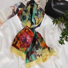 100% Mulberry Silk Scarf For Women Lightweight Long Scarves Beach Wraps Cover Up -Travel Photography Scarfhalloween - 藍綠色花卉 - 查看 4