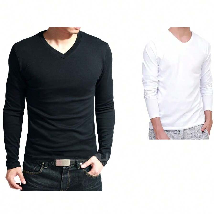 Kit 2 Men's Long Sleeve Shirts 100% Cotton - 黑白 - 查看 1