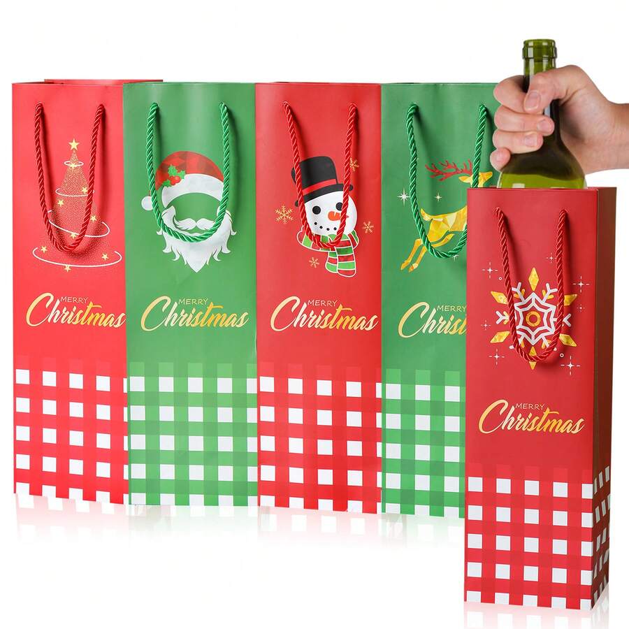 5 pachete de 10 pungi cadou pentru sticle de vin de Crăciun, 5 modele, inclusiv Moș Crăciun, ren, brad de Crăciun, om de zăpadă, acadea, pungi cadou pentru sticle de vin de sărbători, aprovizionare vrac, pentru ambalarea sticlelor de vin de Crăciun.