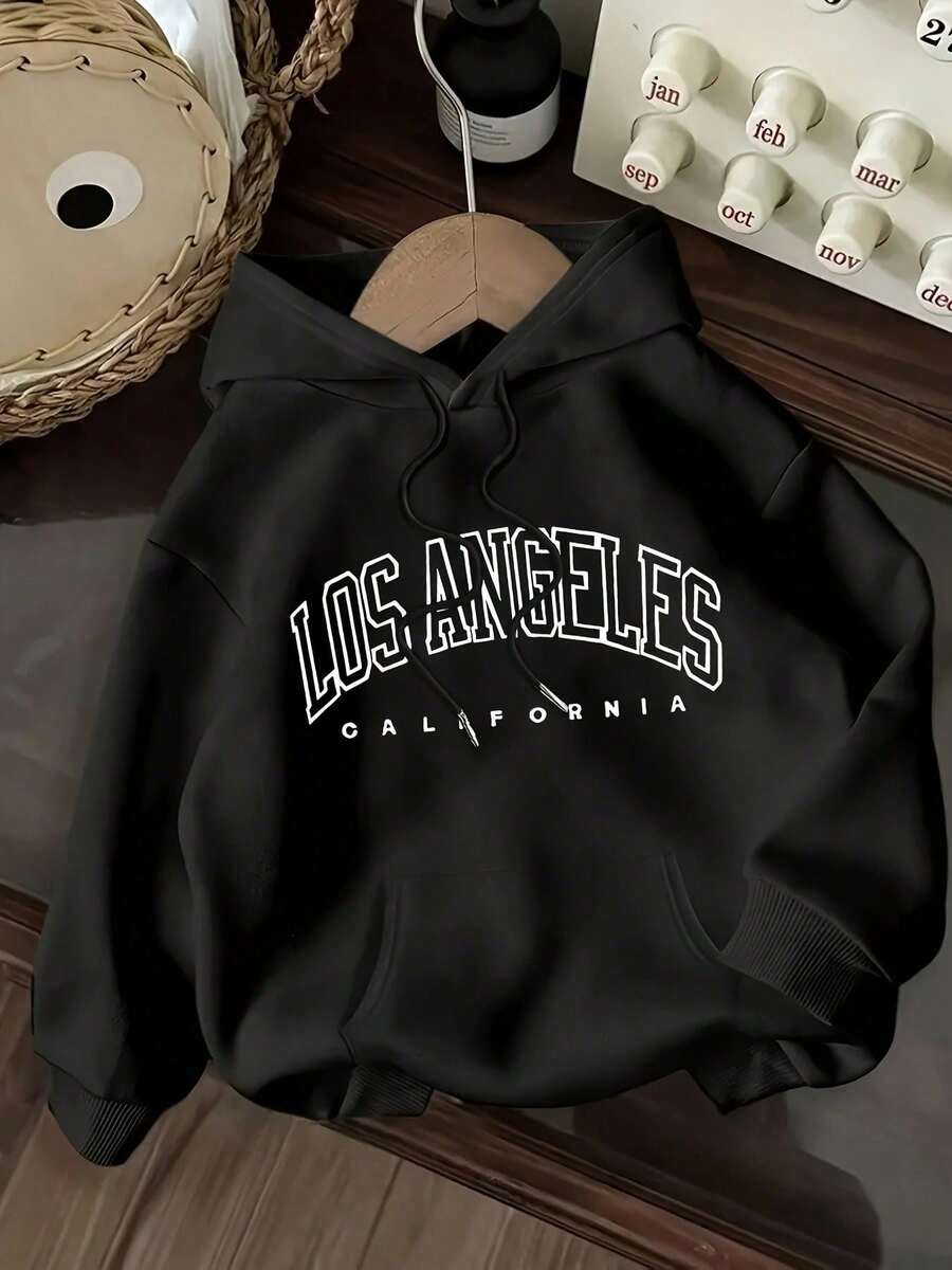[Stylish Hoodie] Women's Plus Size Los Angeles California Graphic Hoodie | Casual Letter Print Sweatshirt With Pockets, Black, Hooded Design, Autumn Apparel - 黑色 - 查看 1