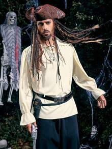 Men's Halloween Pirate Costume Medieval Ruched Shirt, Steampunk Victorian Cosplay Gothic Renaissance Viking Top, Fall, Long Sleeve Top - Apricot - View 4