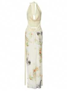 Women Lace Up Backless Halter Swing Collar Crop Top And Floral Print Side Slit Mesh Long Skirt Two Pieces Set Elegant Sexy Matching Outfit Summer - Light Yellow - View 2