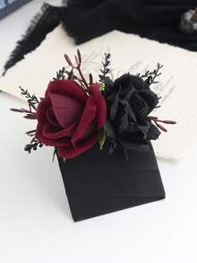 1 peça de flor artificial de rosa bordô e preta para lapela de bolso, ideal para casamentos góticos, noivos e padrinhos, bailes de formatura de outono, eventos formais e como acessório para o Dia dos Namorados.