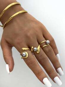 Frminee 1Pc/3pcs夏季简约时尚金银色钢球开口戒指18K镀金女士不锈钢戒指适合日常佩戴度假旅行海边等防水高品质戒指 - 彩色 - 查看 2