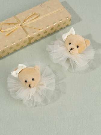 2pcs Cute Bear Hair Clips For Girls, Beige Tulle Mesh Decorated Bear Hair Clips, Girls Bear Hair Accessories