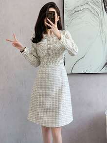 RUIWY 女士春夏长袖休闲串珠优雅格子收腰修身杏色连衣裙