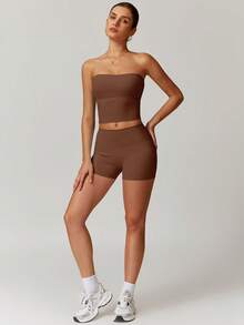 MASKERT 春夏女运动服背心健身服紧身跑步服高弹健身瑜伽服套装家居休闲舒适亲肤透气 - 巧克力棕 - 查看 4