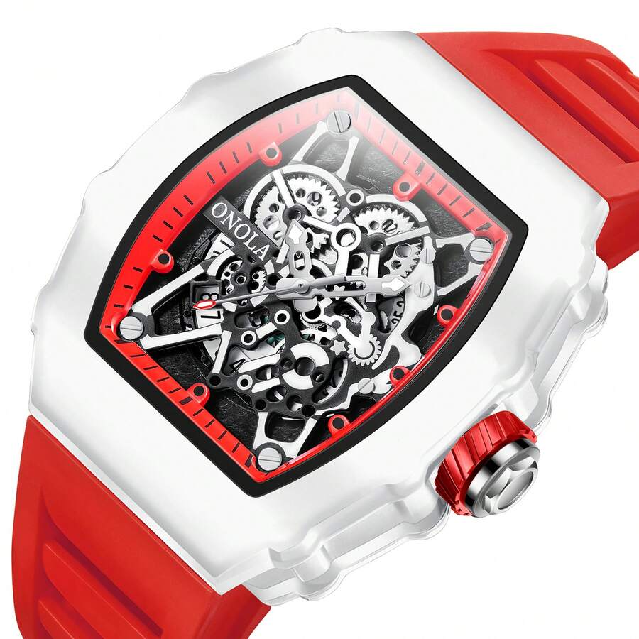 ONOLA Brand Chronograph Quartz Watch For Men Tonneau Dial Sport Waterproof Wristwatch Milk White Silicone Strap Auto Date Watch - Màu vàng - Xem 1