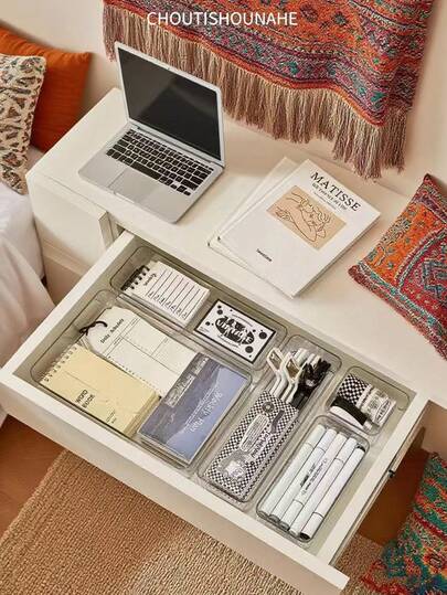 1 st fackfördelad skrivbordsorganisatör för sovsal och kontor, lådliknande avdelad låda, förvaringsbehållare för kontorsmaterial, böcker, liten organiseringskorg