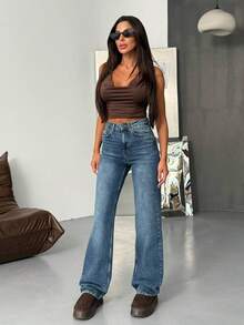 SQUALO Women's Wide Leg Color With Pocket Details Destroyed Retro Washed Street Style Jeans Ripped And Cutout Wide Leg Jeans - Royal Blue - View 3
