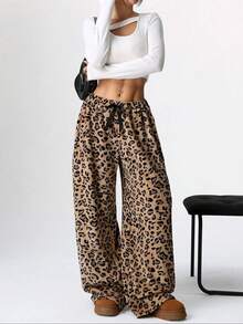 Pantalones anchos de pierna larga con estampado de leopardo, lazo en la cintura y esponjoso, para mujer. Pantalones de otoño/invierno para mujer