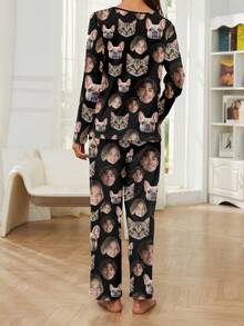Printstory Customized Women's Pajama Set, Personalized With Pet, Character, Or Portrait Designs, Ideal For Holiday Or Bestie Gifts, Winter,New Year's Eve Outfit - Black - View 2