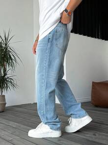 Men's Vintage Washed Solid Color Y2K Jeans, Loose Fit Straight Leg High Waist Wide Leg Casual Denim Pants, Plus Size - Light Wash - View 3