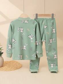Girls' Thick Fleece Cartoon Rabbit Print Pajama Set, Long Sleeve Top And Pants, Warm Sleepwear For Autumn/Winter - Mint Green - View 2