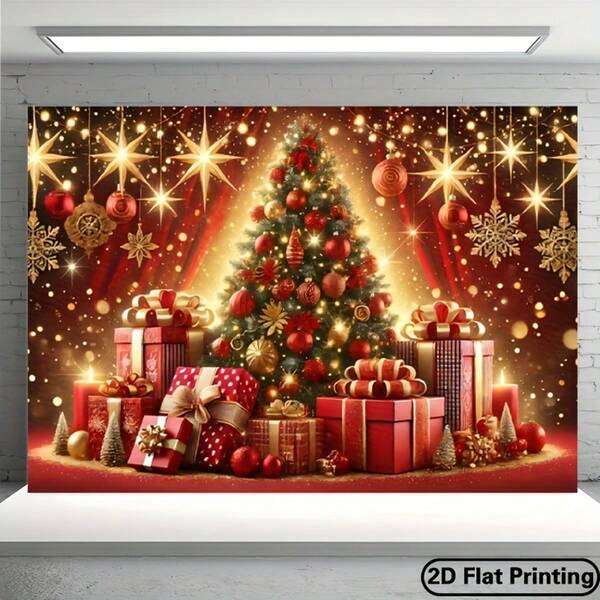 1pc 2D Flat Banner, Christmas Background Banner - Vibrant Red & Gold Glitter Trees With Decorative Design, Suitable For Indoor/Outdoor Party And Photography, Christmas Decor