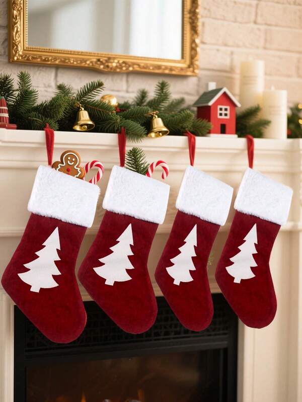 1Pc Christmas Stockings, Christmas Tree Pattern Christmas Stockings, Red And White Felt Christmas Stockings Fireplace Hanging Gift Bags, Suitable For Christmas Holiday Party Fireplace Decorations, Home Decorations, Christmas Gifts Christmas Decorations Room Decor Winter