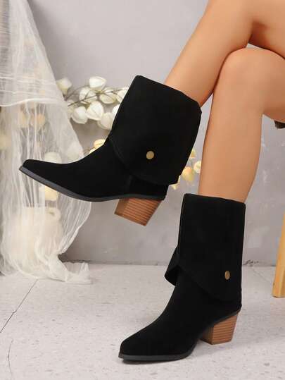 2025 Höst Nytt Mode Plusstorlek 36-43 Svarta Ankelstövlar med Grov Klack, Eleganta Korta Stövlar med Turndown-krage, Mångsidiga Snygga Kaffefärgade Korta Stövlar För Dam