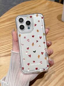 Christmas Gingerbread Man Red Heart Print Phone Protective Case, Snowman Snowflake Santa Claus Candy Cane Graphic Print Transparent Phone Case, Airbag Cushion Full Coverage Shock-Proof Anti-Fall TPU Soft Case, Compatible With IPhone & Galaxy Phones