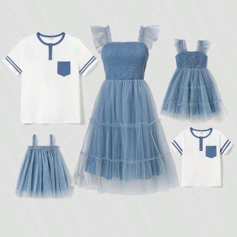 PatPat Family Matching Button Tee And Shirred Spliced Tiered Mesh A-Line Dress - Màu xanh khói trung bình - Xem 1