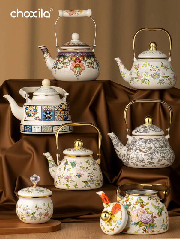 1pc Enamel Tea Pot, Floral Pattern Pour-Over Kettle, 1.2L Large Capacity Coffee Pot, Handle Pot Coffee Pot Narrow Mouth Oil Pot Boiling Pot, Home Boiling Pot, Tea Pot,Suitable For Electric Stove Gas Brewing Coffee Or Tea