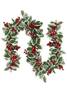 1 件人造冬青叶和红色浆果花环 - 塑料藤蔓装饰，适用于壁炉、大门、楼梯和房间 - 节日室内/室外装饰，适合冬季和新年庆祝活动、情人节、礼物、圣诞节万圣节装饰藤蔓 - 彩色 - 查看 1
