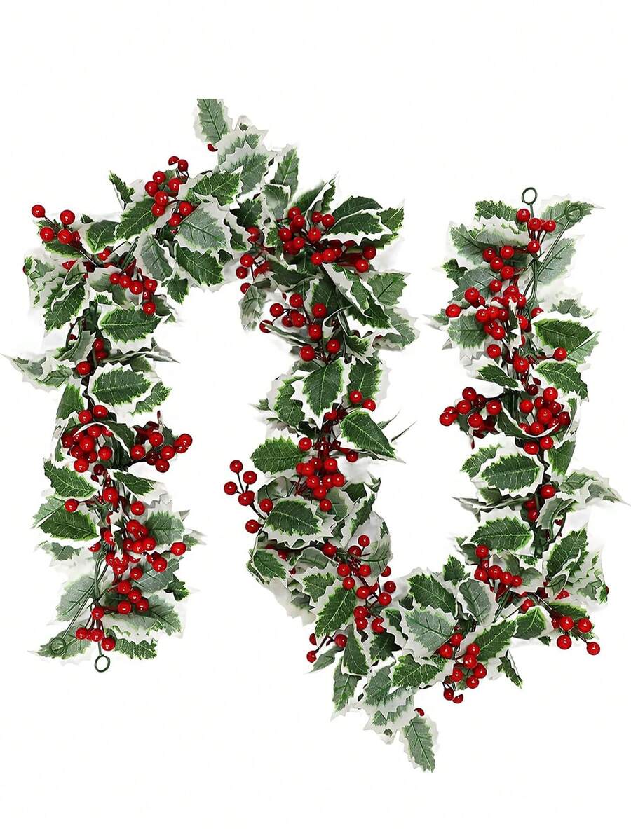 1 件人造冬青叶和红色浆果花环 - 塑料藤蔓装饰，适用于壁炉、大门、楼梯和房间 - 节日室内/室外装饰，适合冬季和新年庆祝活动、情人节、礼物、圣诞节万圣节装饰藤蔓 - 彩色 - 查看 1