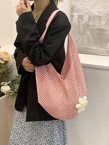 Hollow Out Weave Straw Bag Bohemian Beach Handbag Hollow Tote Bag Large Capacity Shopping Beach Bag Fashion Hollow Out Weave Straw Bag Beach Handbag Bohemian Style Beach Bag Slouchy Style Large Capacity Hollow Tote Bag Vacation