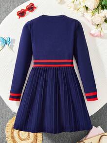 Girls' Sweater Dress, Fashionable Elegant British Style Contrast Color Bow Fake Pocket Round Neck Long Sleeve Princess Dress, Suitable For 3-11 Years Old Girls, A-Line Pleated Skirt, Warm Knitted Dress For Autumn/Winter - Navy Blue - View 8