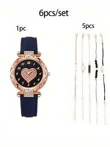 6 bucăți ceasuri rotunde cu cuarț - curea elegantă din piele PU, indicator din aliaj de zinc, cadran din aliaj de zinc și brățară bijuterii pentru femei