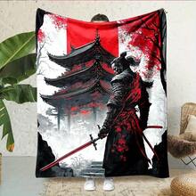 Japanese Samurai Spirit Soft Flannel Throw Blanket - Versatile All-Season Comfort, Reversible Cartoon Print, Easy-Care Polyester, Perfect For Bed, Sofa, Camping & Travel - 31"X47", 50"X59", 59"X78" Sizes Available