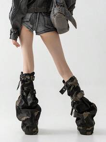 polve Punk X Military Cool Cross Design Gal Style Black Denim Silhouette Compensating Strap Subculture Style Flare Leg Warmers - 軍綠色 - 查看 4