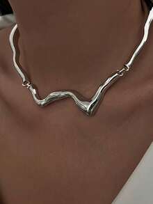1 chiếc vòng cổ choker họa tiết kim loại lỏng, thiết kế xoắn hình học, thích hợp cho các bữa tiệc, làm quà tặng, đeo hàng ngày và đi làm. - Bạc - Xem 2