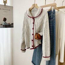 Cardigan a maglia con colletto alla coreana, bottoni a forma di cuore, stile vintage college, vestibilità morbida, colletto Peter Pan, maglione lavorato a maglia, autunnale - Grigio - Visualizzare 2