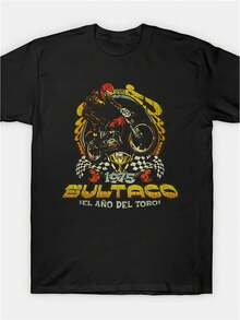 Camiseta gráfica de motocicleta del año del toro vintage 1975 para hombres - Negra, 180g/ ㎡   100% Algodón, Estampado Retro, Cuello Redondo, Manga Corta, Ajuste Casual, Ideal para Fiestas de Cumpleaños y Atuendos Casuales, Ajuste Cómodo - Negro - Ver 1