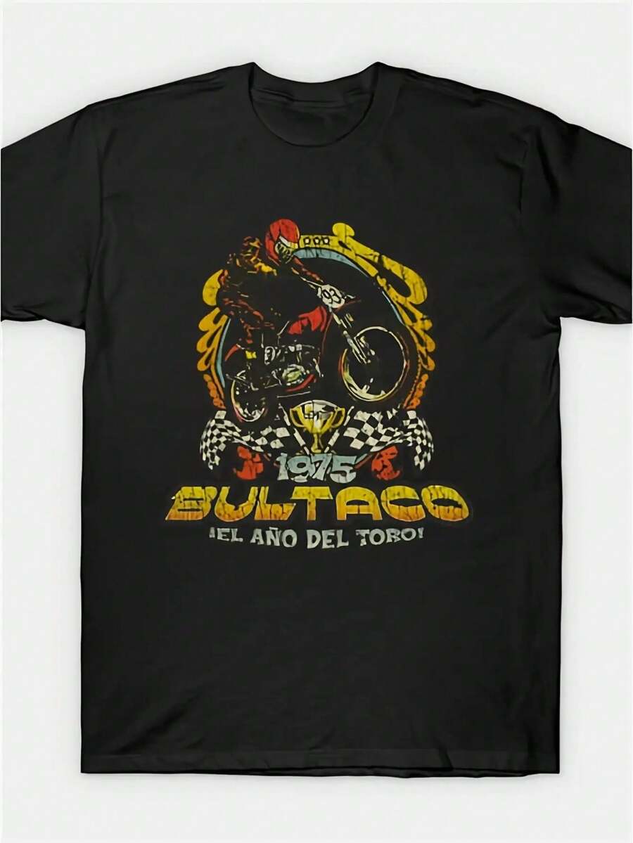 Camiseta gráfica de motocicleta del año del toro vintage 1975 para hombres - Negra, 180g/ ㎡   100% Algodón, Estampado Retro, Cuello Redondo, Manga Corta, Ajuste Casual, Ideal para Fiestas de Cumpleaños y Atuendos Casuales, Ajuste Cómodo - Negro - Ver 1