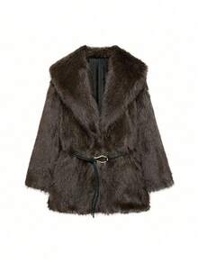 Camellia Autumn/Winter New Faux Fur Effect Mid-Length Thick Warm Coat With Belt - Brown - View 11