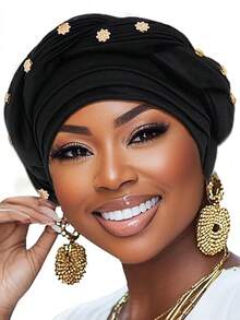 Women African Turban Pre-Tied Twisted Beanie Cap Headwear Soft Stretchy Turbans - 黑色 - 查看 1