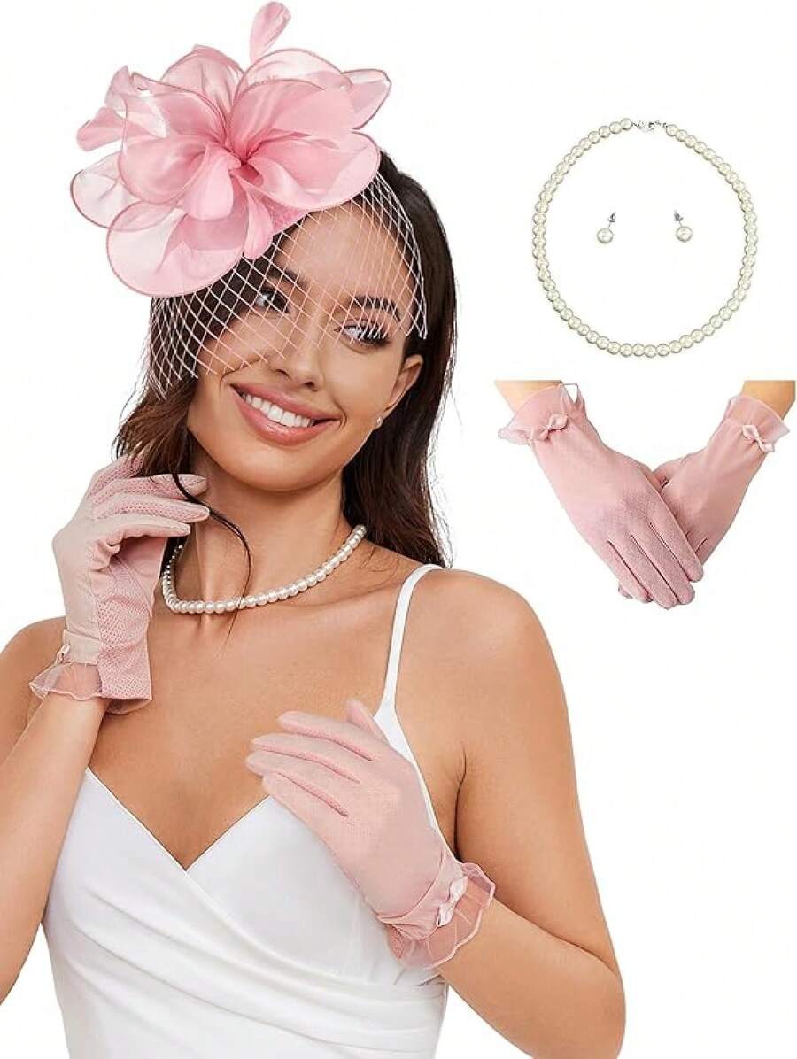 Ibeauti Fascinator Hats With Screentouch Lace Gloves Set Women Tea Party Cocktail Wedding Derby Headwear Short Gloves - 04 Pink - 查看 1