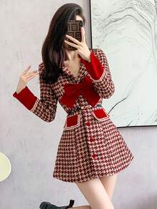 RUIWY 女士时尚优雅千鸟格蝴蝶结装饰红色连衣裙，收腰修身，适合节日、婚礼