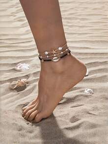 3 件/套女孩海星和贝壳串珠脚链，多层简约时尚脚链套装 - 彩色 - 查看 10