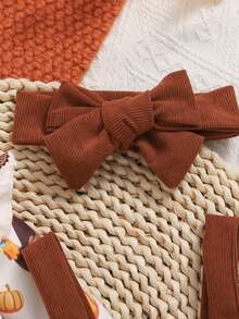 女婴感恩节火鸡南瓜印花连体衣搭配棕色吊带裙，秋冬季新款套装 - 棕色 - 查看 3