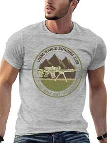S~5XL Classic  Cotton Tee | Unisex American Size | 180gsm Fabric | Men's Vintage Military Sniper Graphic T-Shirt Funny Long Range Shooting Design Casual Wear Gift For Gun Enthusiasts Print | Beach & Casual Wear - 灰色 - 查看 6