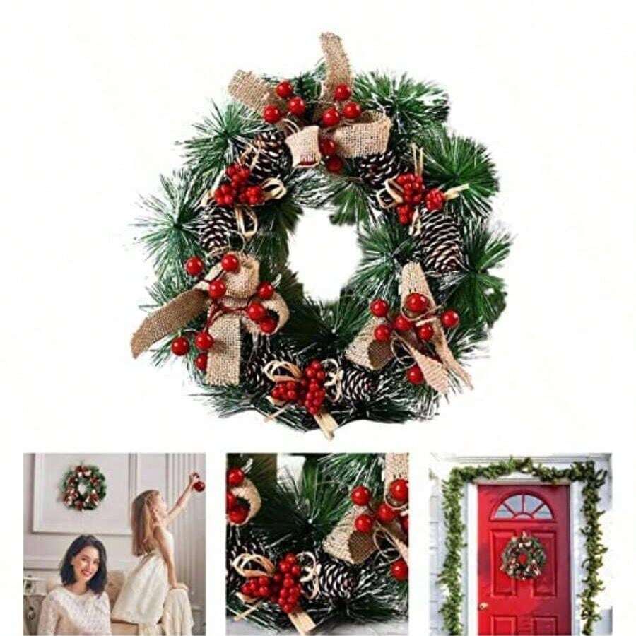1 pieza Guirnalda artificial de 12 pulgadas con bayas rojas y piñas, decoración de corona de puerta, centro de mesa con velas y accesorios para el hogar en invierno y fiestas navideñas