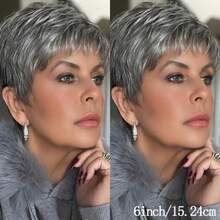 Elegant Pixie Cut Wig With Bangs For Women - Grey Color, 180% Density, Pre-Plucked Brazilian Human Hair, Glueless Layered Style, Versatile Styling & Trimming - 灰 - 查看 4