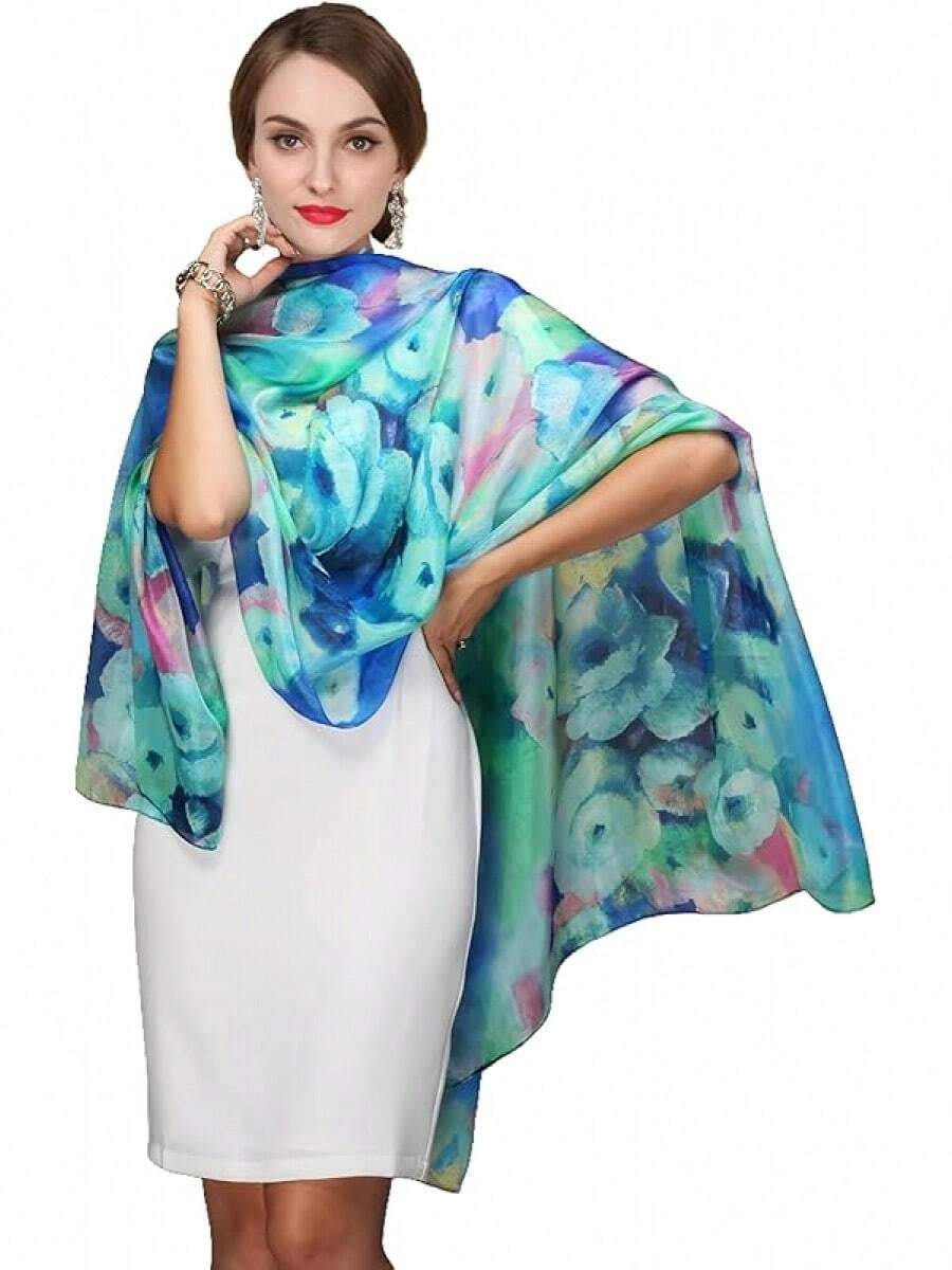 100% Mulberry Silk Scarf For Women Lightweight Long Scarves Beach Wraps Cover Up -Travel Photography Scarfhalloween - 藍綠色 - 查看 1