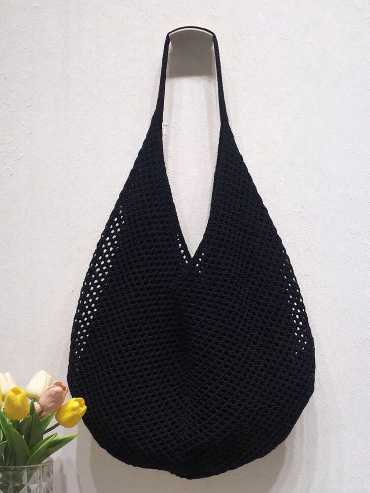 Large Capacity Crochet Shoulder Tote Bag - Lightweight, Multifunctional Knitted Handbag, Beige, Pink, Brown, Black, Suitable For Travel, Beach, Vacation And Daily Use, Large Tote Bag , Crochet - Black - View 7