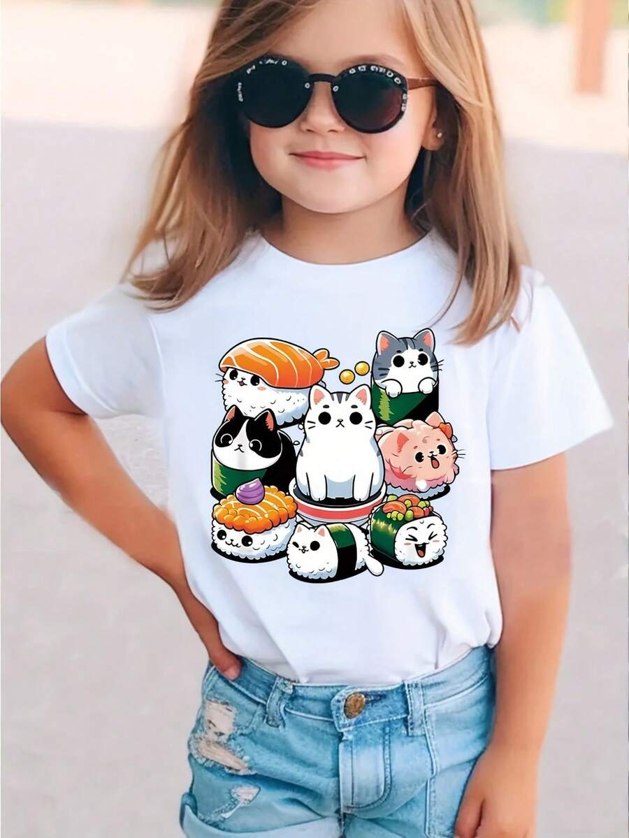 Adorable Sushi Cat Graphic Girls' T-Shirt - Soft Premium Cotton, Classic Crew Neck, Casual &Amp; Comfy Fit, Playful Food-Themed Design With Multicolor Cats, Perfect For Casual Attire, Cat Shirt - White - View 1