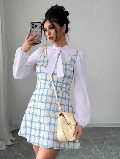 Vestido corto tejido stretch cuadros corte cintura camisa integrada manga larga moño cuello bajo amplio diseño romántico día noche fiesta evento primavera verano